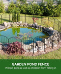 Garden Fence Set No Dig Rustproof Metal Panels, 10 Ft Long By 24 In High Black Fence Barrier enclosing a pond in an outdoor garden