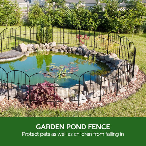 Garden Fence Set No Dig Rustproof Metal Panels, 10 Ft Long By 24 In High Black Fence Barrier enclosing a pond in an outdoor garden