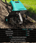 Electric Rototiller Garden Tiller with 12 Inch Tilling Width and 8 Inch Cutting Depth, 10.5 Amp Cultivator in action on soil.