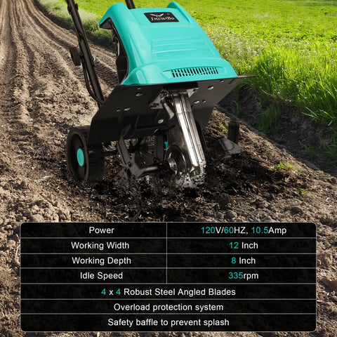 Electric Rototiller Garden Tiller with 12 Inch Tilling Width and 8 Inch Cutting Depth, 10.5 Amp Cultivator in action on soil.