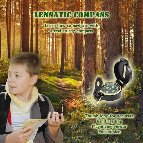 Boy using compass from Outdoor Adventure Kit For Kids With Real Walkie Talkies, Binoculars, Flashlight, Compass, Magnifier, Whistle