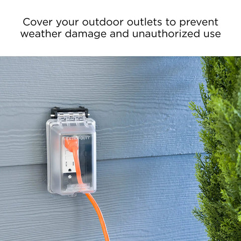 Weatherproof Outdoor Outlet Cover For Single Gang Electrical Box with UV stabilized polycarbonate cover on house wall.