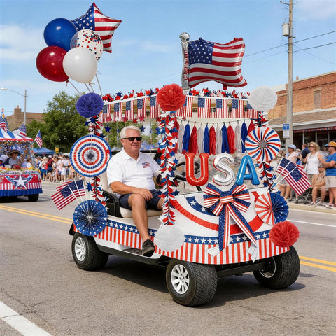 Man driving golf cart decorated with All In One 4th Of July Golf Cart Decor Kit For Parades And Independence Day Patriotic Banner Tassel Garlands Fringe Curtains Star Garlands Paper Pompoms And Flag Balloons To Deck Out Your Ride in parade