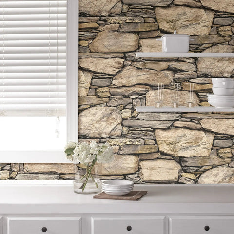 Hadrian Stone Peel And Stick Wall Covering Brown Removable Wallpaper displayed in a kitchen setting, showcasing stone accent wall effect.