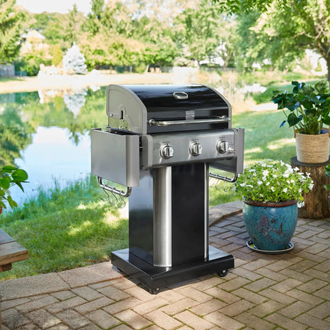 Three Burner Propane Gas Grill With 30000 BTUs Cast Iron Grates 512 Square Inches Of Total Cooking Surface Outdoor Black on patio