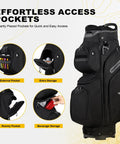 15 Way Golf Cart Bag With Divider Top, Easy Access Handles, Rain Cover, and Full Club Organization, featuring storage pockets.