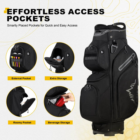 15 Way Golf Cart Bag With Divider Top, Easy Access Handles, Rain Cover, and Full Club Organization, featuring storage pockets.