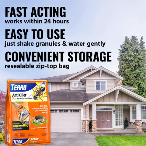 Ant Killer Plus Multi Purpose Insect Control For Outdoors Kills Fire Ants Fleas Cockroaches And Other Crawling Insects 3 Lb Shaker Bag Fast Acting Within 24 Hours shown in front of a house.