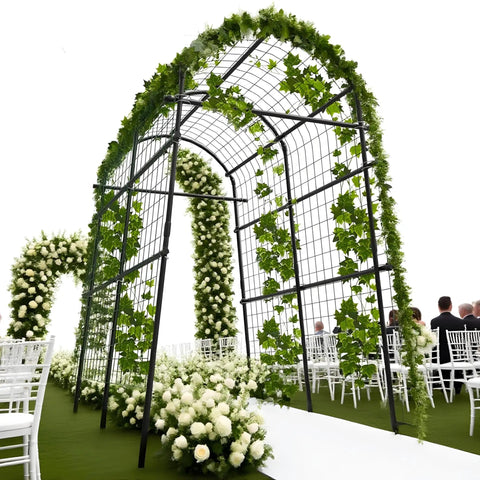 7.5 Foot Extra Tall Garden Arch Trellis With Polyethylene Coated Stainless Steel Frame For Outdoor Plant Support Climbing Flowers Veggies Cucumbers And Vines Heavy Duty Pergola Arbor For Garden Weddings And Parties framing a wedding aisle.
