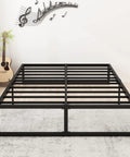 Sturdy Queen Bed Frame With 14 Inch Low Profile Platform Heavy Duty Steel Slat Support No Box Spring Headache For Memory Foam And Pillowtop Mattress Fast Easy Setup, black steel slat design.