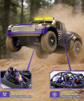 Beast 1 To 16 Scale 4x4 Off Road Monster Truck RC Car with full metal drivetrain jumping on dirt terrain, shock absorber close-up.