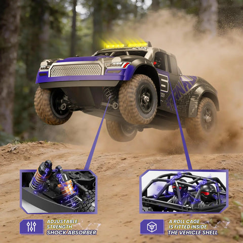 Beast 1 To 16 Scale 4x4 Off Road Monster Truck RC Car with full metal drivetrain jumping on dirt terrain, shock absorber close-up.