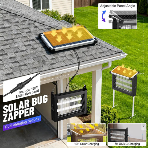 Outdoor Bug Zapper That Crushes Bugs, Sun Powered, Rechargeable 4500V High-Voltage Grid, installed on roof, charging options shown