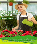 Person using 2L Handheld Spreader Set With Adjustable Dial And 7 Opening Modes For Seeds Fertilizer Salt And More Includes Two Scoops Green And Blue The Handy Yard Workhorse For Home Garden Or Farm Use on red flowers.