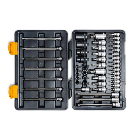 Open case showing Torx Bit Socket Master Set, 49 Piece, One Quarter Inch, Three Eighths Inch, One Half Inch Drive, S2 Steel Bits