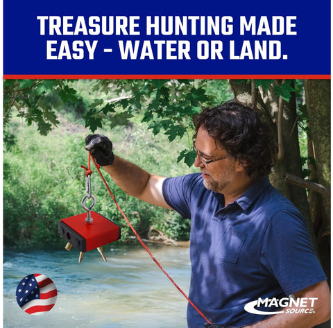 Man using Ceramic Fishing Magnet With Eyebolt For Heavy Duty Retrieval And Magnetic Pickup Tool 100 Lb Pull Strength outdoors