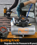 Go-To Portable Air Compressor 2 Gallon 135 PSI Battery Powered Ultra Quiet 60dB and Lightweight with adjusting knob in use