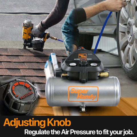 Go-To Portable Air Compressor 2 Gallon 135 PSI Battery Powered Ultra Quiet 60dB and Lightweight with adjusting knob in use