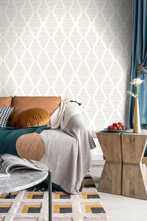 Living room with beige and white stripe peel and stick wallpaper self adhesive vinyl roll for walls and cabinets waterproof and removable