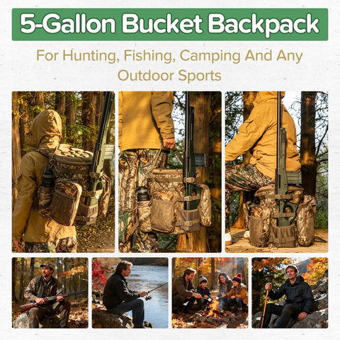 Hunting Bucket Backpack With Built-In Cushioned Seat for 5-Gallon Buckets, used in outdoor settings for hunting and fishing.