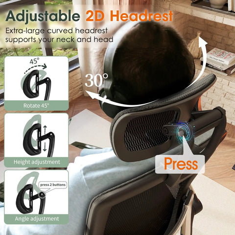 Ergonomic Office Chair With High Back And Headrest, showcasing adjustable headrest, angle and height options, mesh back support.