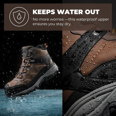 Waterproof Steel Toe Boots For Men Paladin Steel Slip Resistant Safety Work Boots Built Tough With ASTM F2413 18 Toe Protection And Waterproof Suede Upper Brown Size 12 with raindrops showing waterproof feature