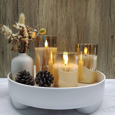 Glass Battery Operated LED Flameless Candles With Remote And Timer Pack Of 3 Real Wax Look Flickering Warm Light Gold in tray