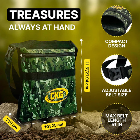 Camouflage pouch bag for heavy duty metal detecting shovel tool with double serrated edge digger for treasure hunting.