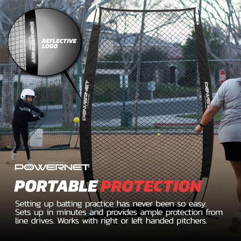 Portable Baseball And Softball Practice Net For Pitching And Hitting With I Screen Shield Pop Up Batting Cage Net Easy Two Minute Setup Backyard Outdoor Training Protects From Errant Throws For Right Or Left Handed Pitchers 7 Foot shown on a baseball field with two players practicing.