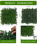 12 Pack 10x10 Inch Faux Boxwood Wall Panels For Indoor Outdoor Privacy Fencing Ivy Backdrop Garden Decor UV Resistant Four Layer Leaves Two Inch Height Covers About Eight Point Four Sq Ft, showing connection and cutting options