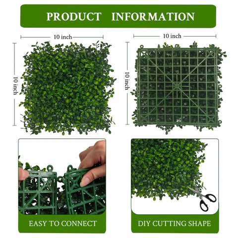 12 Pack 10x10 Inch Faux Boxwood Wall Panels For Indoor Outdoor Privacy Fencing Ivy Backdrop Garden Decor UV Resistant Four Layer Leaves Two Inch Height Covers About Eight Point Four Sq Ft, showing connection and cutting options