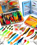 All In One Fishing Tackle Box With 128 Pieces Lures And Step By Step Handbook For Freshwater Bass Anglers Beginners Gift For Men Fathers And Outdoor Lovers Who Want To Fish Like A Pro, showing organized lures and kit details.