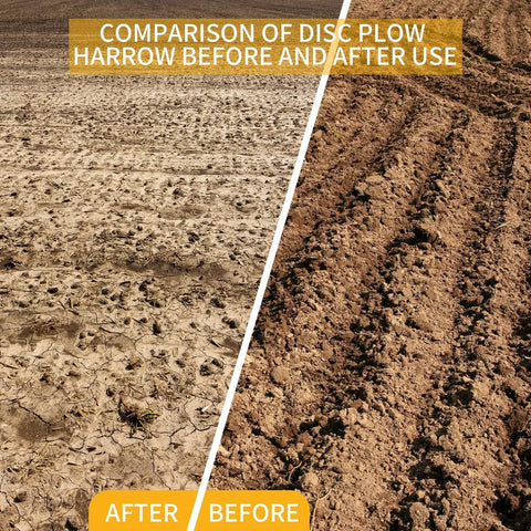 Comparison of soil before and after using Beefy 34 Inch Disc Plow Harrow Heavy Duty With Adjustable Height And Wide Cut For ATV UTV Attachments