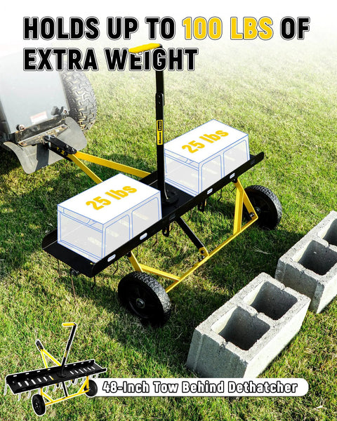 Tow Behind Lawn Dethatcher With 24 Spring Steel Tines And Heavy Duty Carbon Steel Frame, 48 Inch Wide, weights displayed
