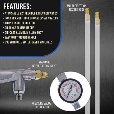 Street Ready Heavy Duty Pneumatic Undercoating Spray Gun With Adjustable Regulator And Beefy 25 Oz Suction Cup For Rust Proofing Truck Bed Liners Plus Slick Auto Finishes showing features like pressure gauge and flexible wands.