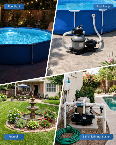 Smart WiFi Pool Timer With No Sweat Plug And Play Design Effortless Phone App Control For Heavy Duty 20 Amp Pool Pumps And Outdoor Yard Automation Nema L5 To 20R Outlet Adapter in outdoor pool setup with lights and pump.