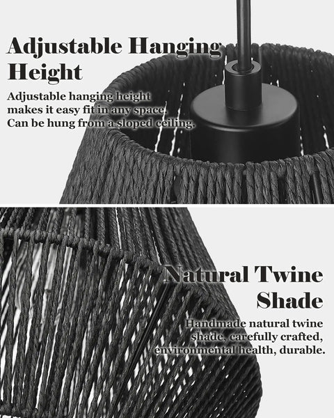 Handwoven Rattan Basket Shade Boho Chic Pendant Light 16.5 Inch Matte Black Modern Farmhouse Coastal Chandelier detail
