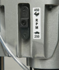 Close-up of the multi-speed gear box on a Kicking Heavy Duty Two Speed Magnetic Drill With Pressurized Coolant Setup And 115 Volt Badass High Torque Motor For Stacked Steel Plates 6 Inch Deep Hole Drilling.