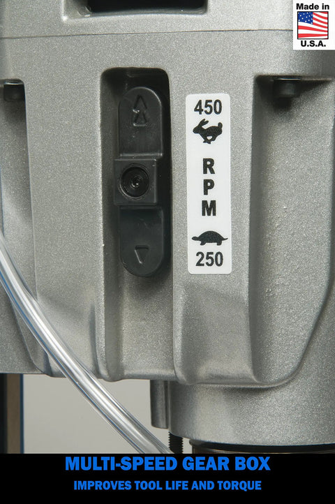 Close-up of the multi-speed gear box on a Kicking Heavy Duty Two Speed Magnetic Drill With Pressurized Coolant Setup And 115 Volt Badass High Torque Motor For Stacked Steel Plates 6 Inch Deep Hole Drilling.
