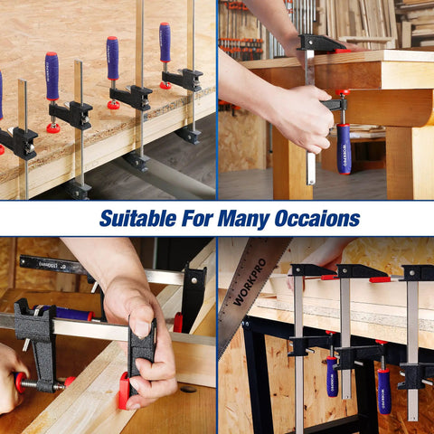 Two Piece 12 Inch Steel Bar Clamps With Reinforced Heavy Duty Bodies And Six Hundred Pound Jaw Capacity built for woodworking tasks.