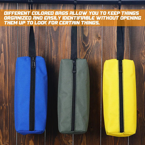 9 Pack Small Tool Pouches Set Canvas Zipper Tool Bags Waterproof And Wear Resistant on a hook, blue, green, yellow colors.