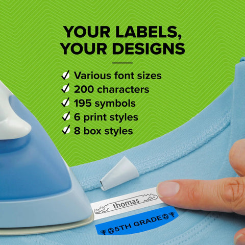 Iron applying fabric label on blue shirt with text 'thomas' beside label maker features and customization options.