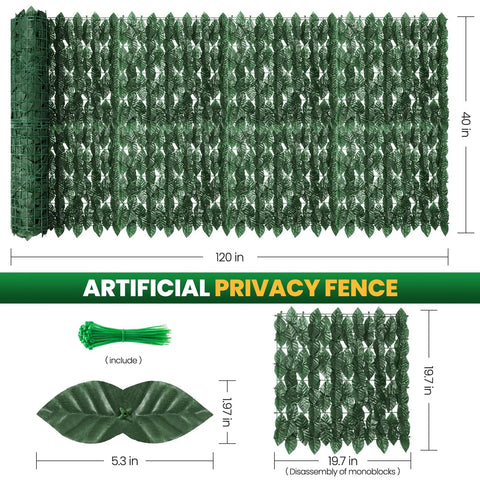 120x40 Inch Artificial Ivy Privacy Fence Screen With Faux Greenery Panels For Outdoor Privacy Wall On Patio Balcony Garden And Backyard No-Fuss Install With 12 Hedge Panels And Zip Ties, showing dimensions and leaf detail.