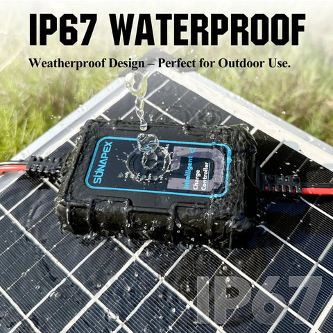 Image of 10 Amp 12 Volt PWM Solar Charge Controller With LED Display IP67 Waterproof Rugged on wet solar panel outdoors.