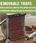 Top Shelf 16 Tray Stainless Steel Food Dehydrator Engineered For Homemade Snacks Jerky Fruits And Veggies With Huge Capacity Countertop Kitchen Appliance showing removable stainless steel trays.