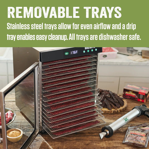 Top Shelf 16 Tray Stainless Steel Food Dehydrator Engineered For Homemade Snacks Jerky Fruits And Veggies With Huge Capacity Countertop Kitchen Appliance showing removable stainless steel trays.