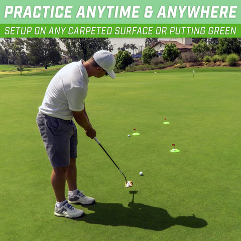 Man practicing with Pure Putt Challenge Three Pack Putting Cups For Indoor And Outdoor Practice Anywhere, Realistic USGA-Size Holes, green
