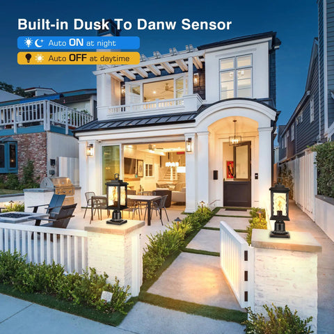 Sweet Outdoor Dusk To Dawn Post Light With Pier Mount Base illuminating a modern garden pathway at night.