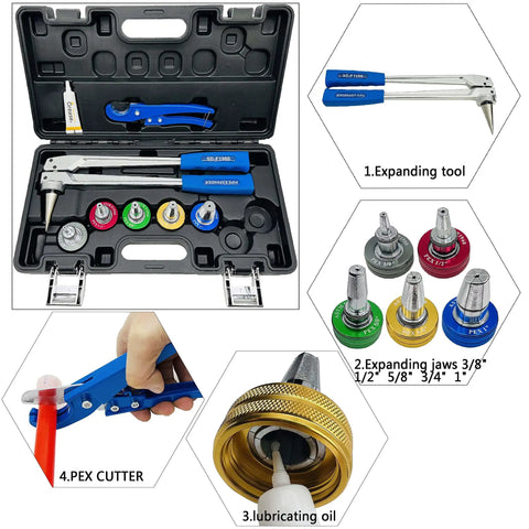 Manual PEX Pipe Expander Tool Kit With Five Expansion Heads 3/8 1/2 5/8 3/4 1 Inch in carry case with lubricant included