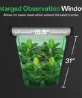 Beefed Up Pro Grow Tent 2.7x2.7 enlarged observation window for indoor plants, shows dimensions of 15.5 x 31 inches.